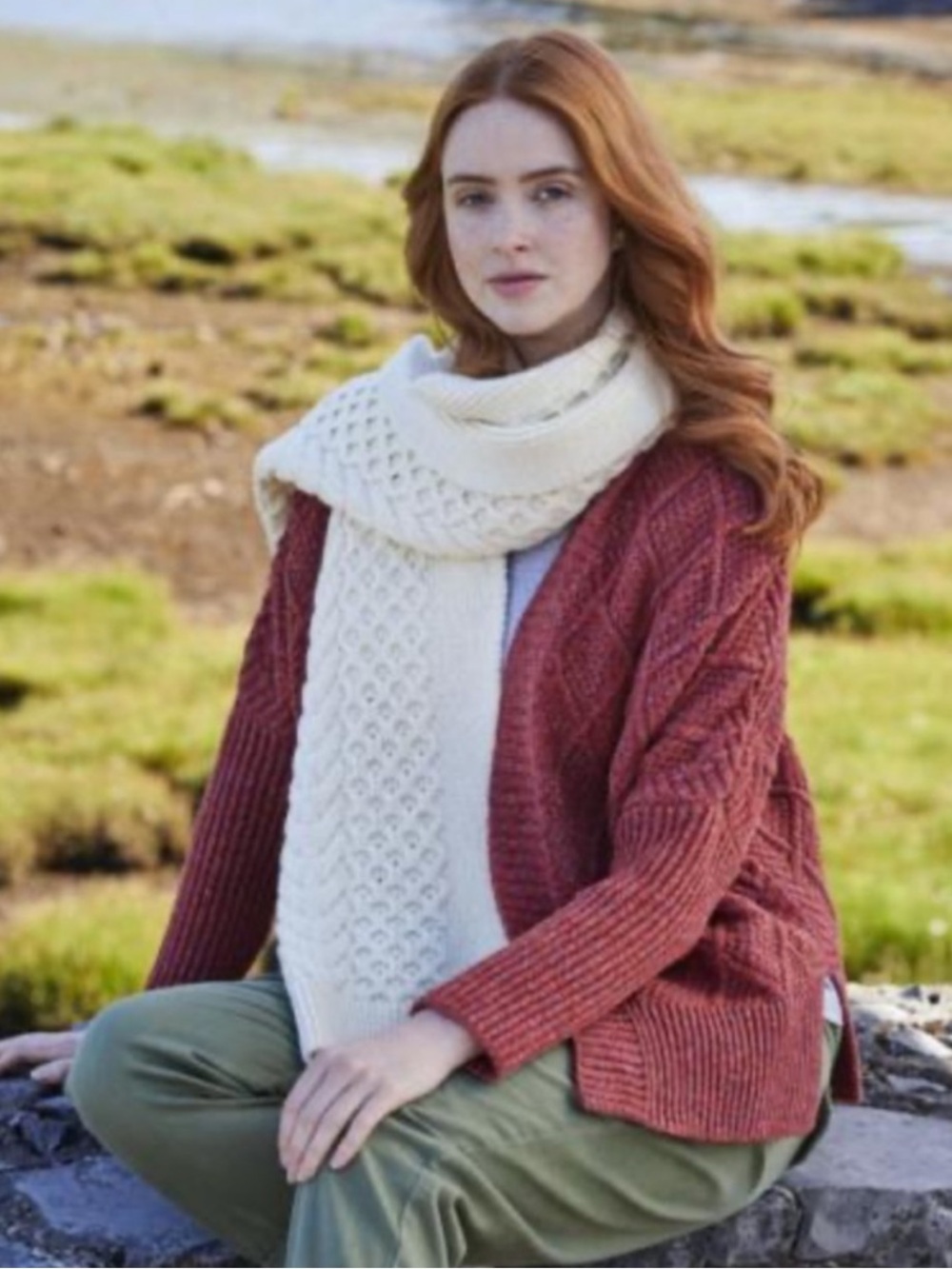 Aran Crafts Natural Honeycomb 100% Merino Wool Genuine Irish Scarf Unisex OS